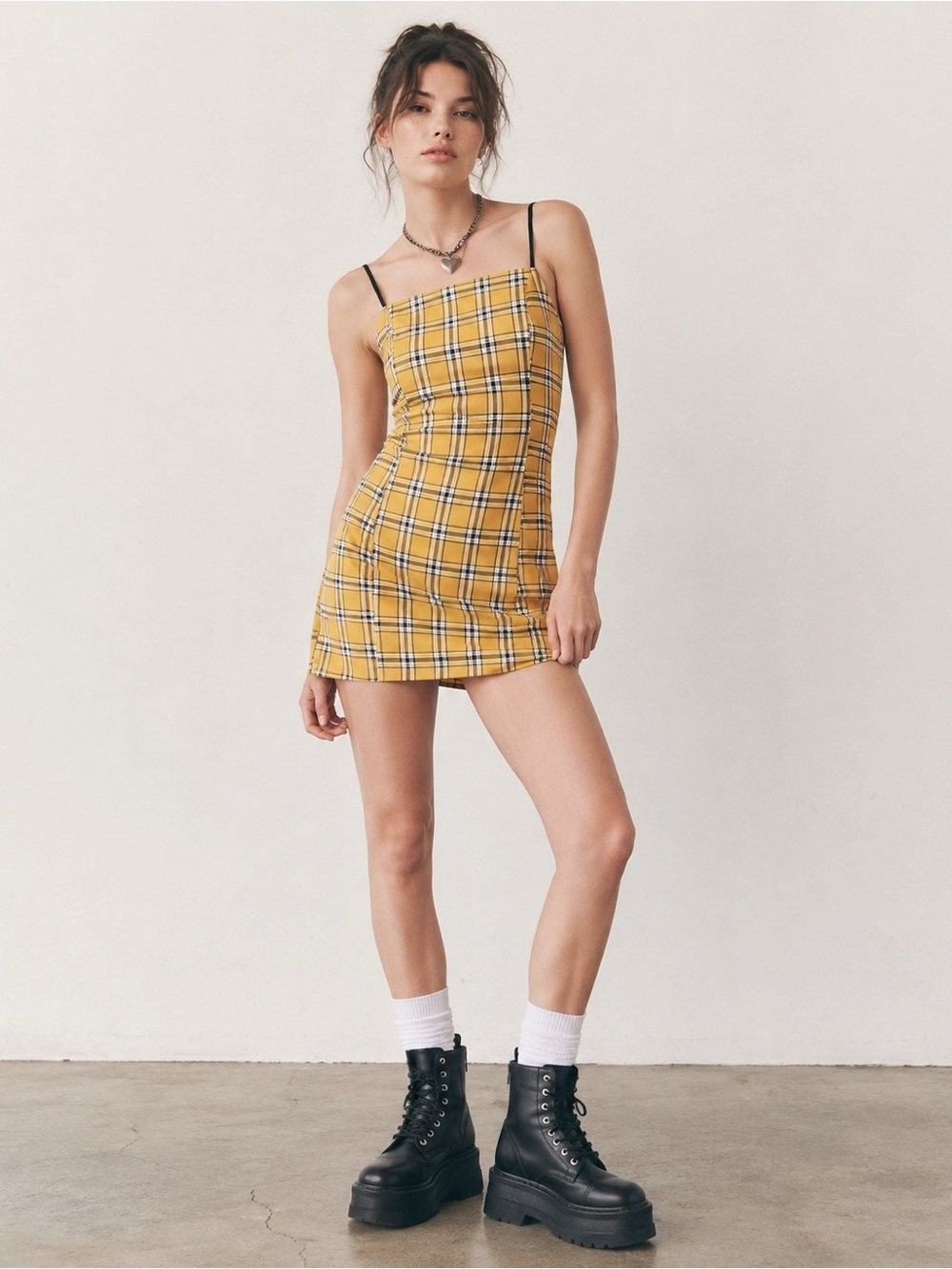 Y2K 90s Urban Outfitters Woman Yellow Plaid Spaghetti Strap Mini Dress Preppy